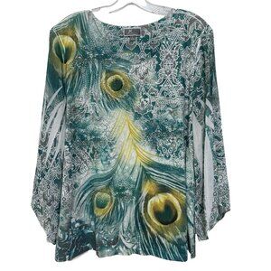 JM Collection Womens Large Blouse Top Shirt Peacock Feather 3/4 Sheer Sleeve